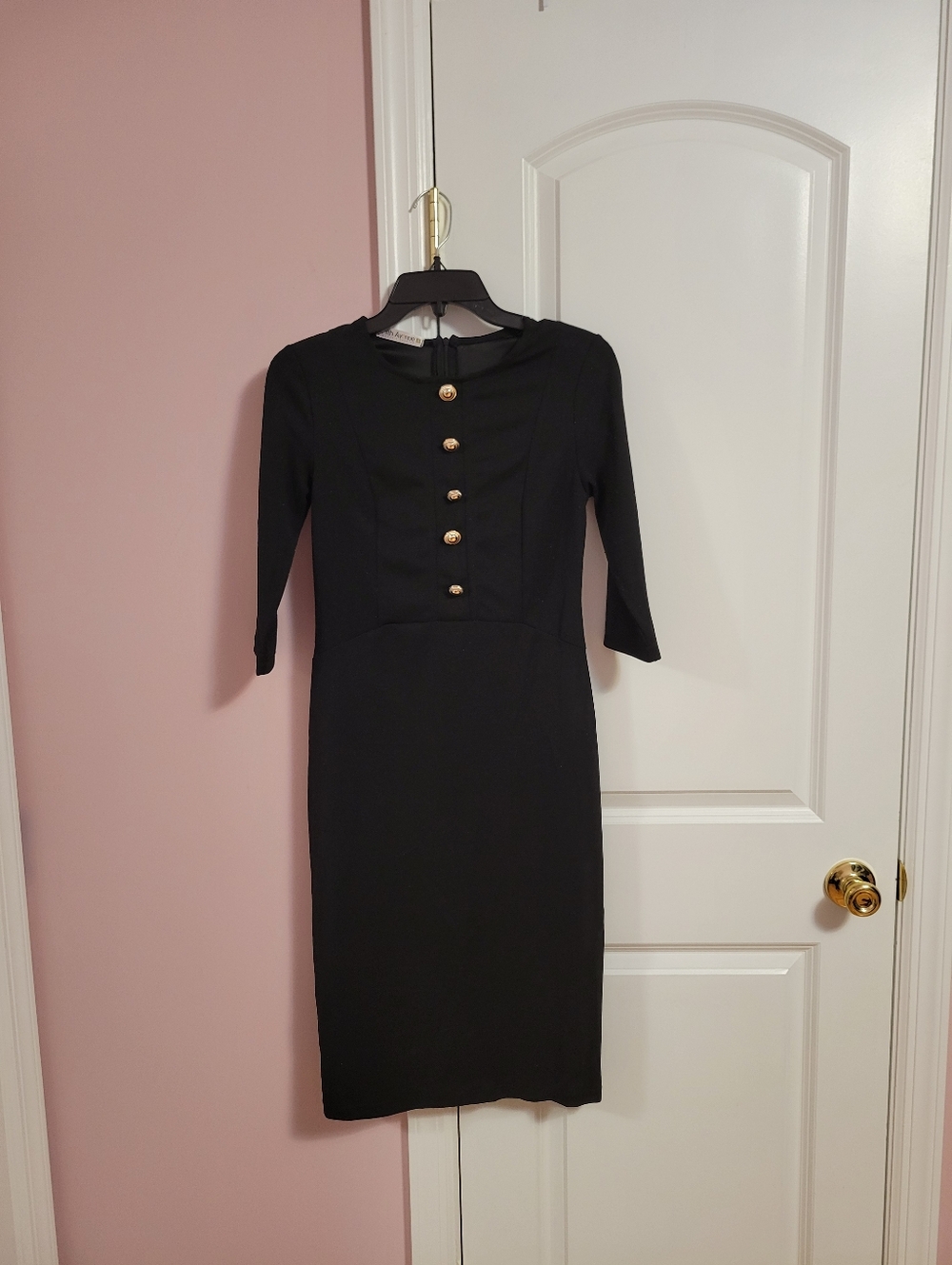 Womens Black 3/4 Sleeve Faux Button Front Sheath Dress- S- Vintage Style
